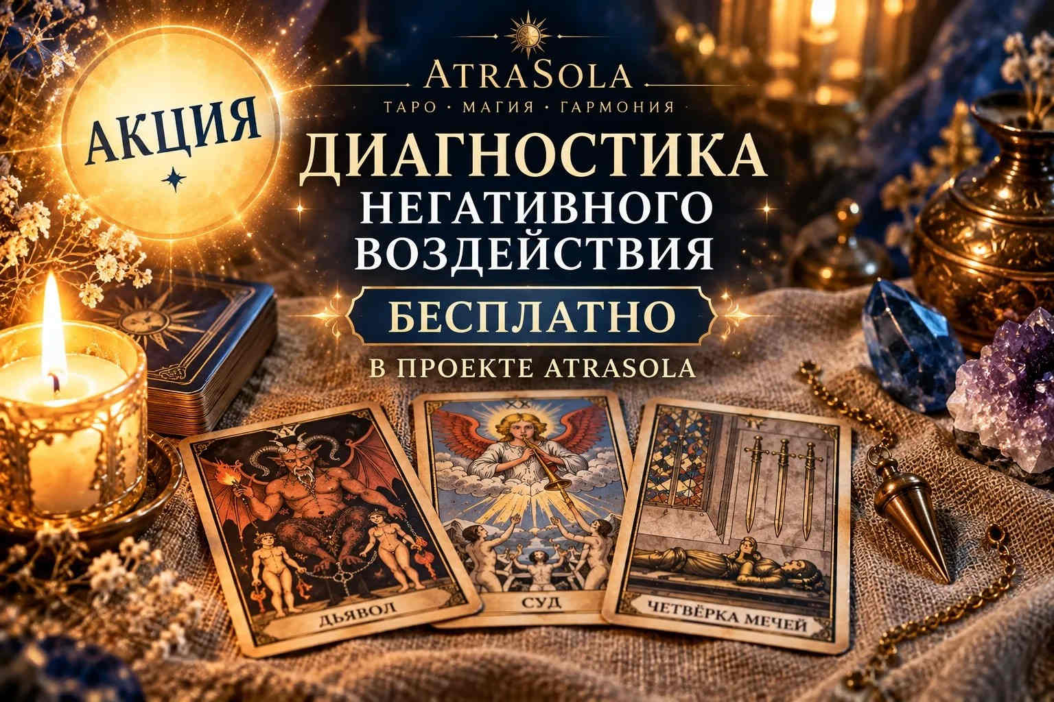 Акция AtraSola: бесплатная диагностика негативного воздействия. Карты Таро, свечи и кристаллы на мистическом фоне.