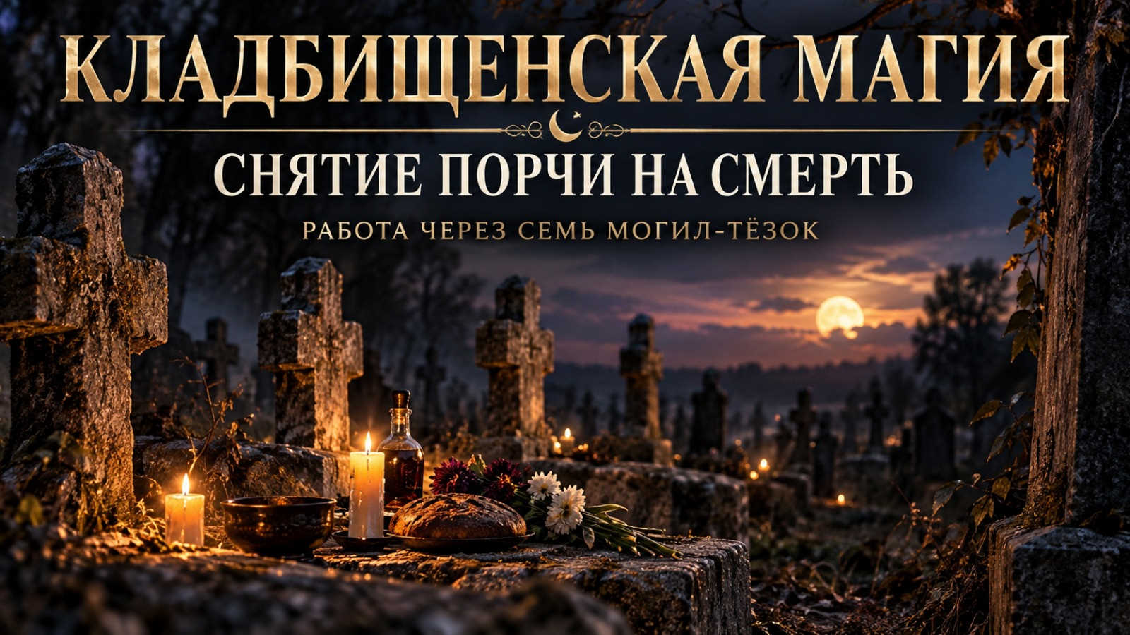 Кладбищенская магия — снятие порчи на смерть. Работа через семь могил-тёзок. На изображении: ночное кладбище с каменными крестами, горящими свечами, бутылкой, хлебом и цветами на могильной плите, на фоне закатного неба с полной луной.